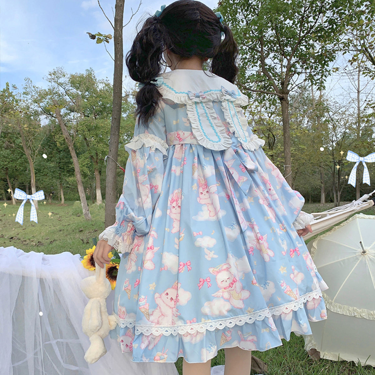 Cute Ladies Pleated Dresses Puff Sleeve Animal Printed Heart Pocket Button Pink/Blue
